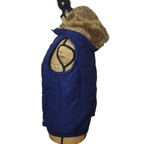 American Eagle Womens Hooded Vest M Blue Puffer Vest Faux Fur Hood - Picture 3 of 10